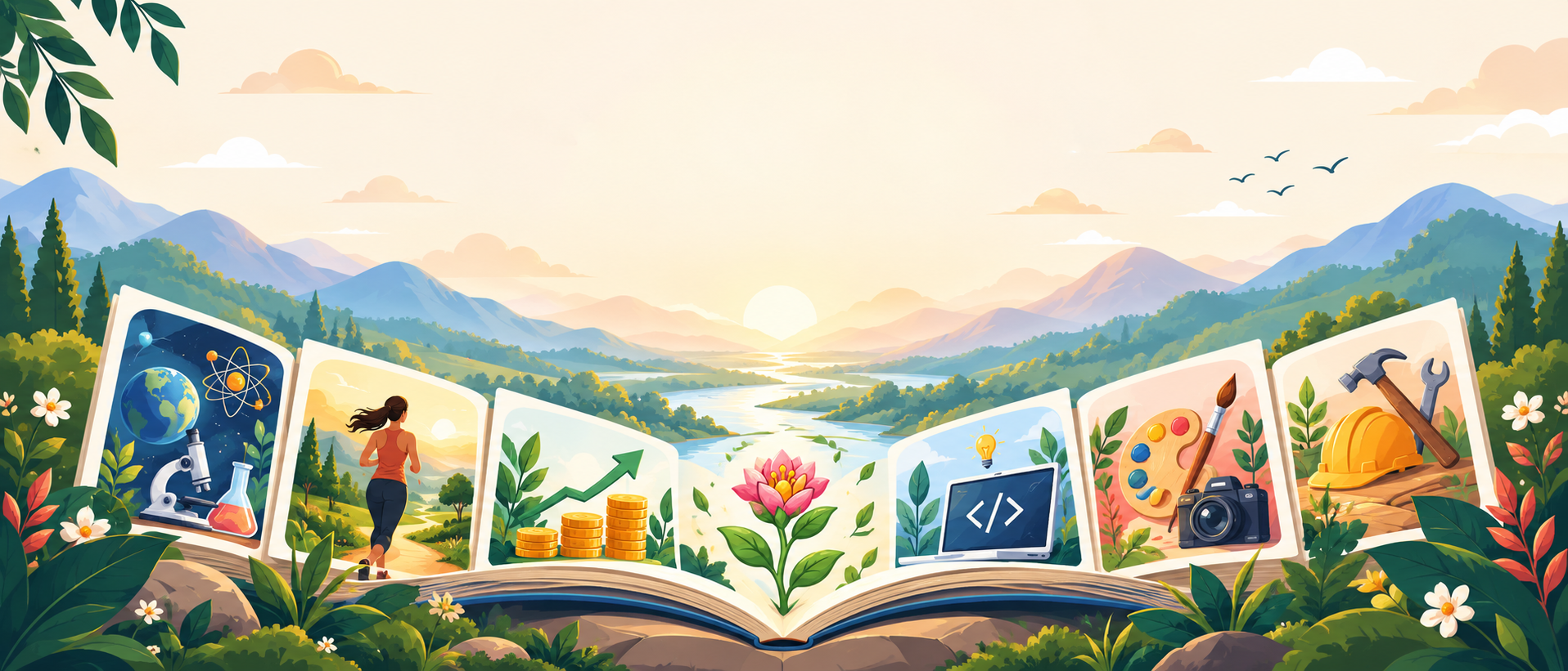 An open illustrated book revealing learning topics across science, wellbeing, business, creativity, technology, and practical skills